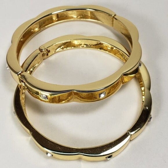 Gold-Tone Bangle Bracelets Set – Modern Square Rhinestone Cuff Jewelry Luxe Look - Picture 4 of 9
